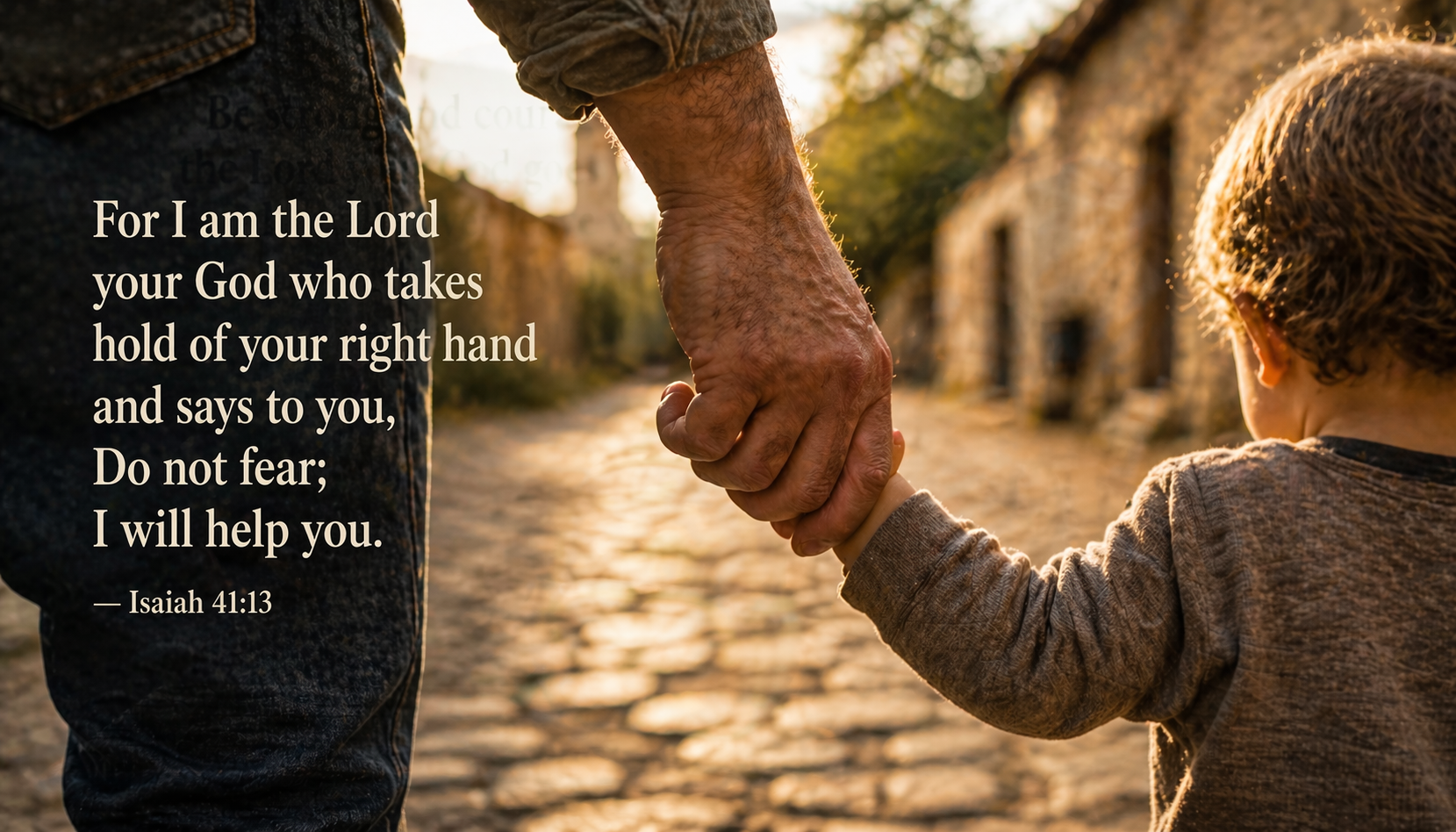 Isaiah 41:13 -- Father Holding Child Hand Cobblestone Street HD Wallpaper